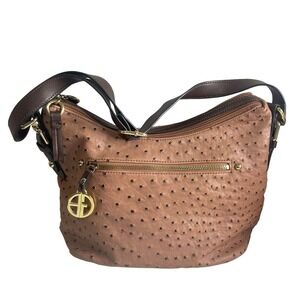 Gianni Bernini Ostrich Embossed Shoulder Bag Tan‎ Gold Tone Hardware Women